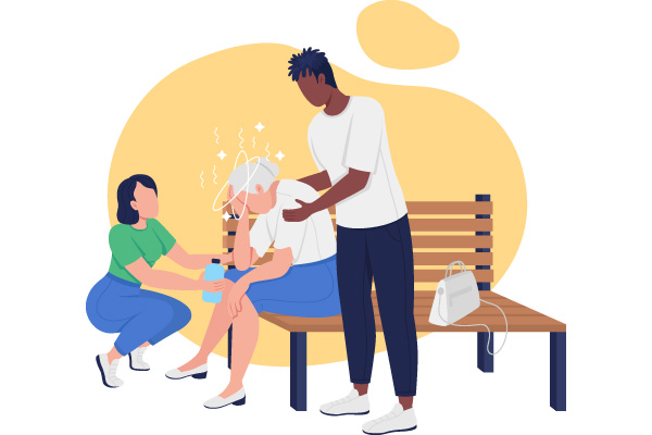 Illustration of an older woman sat on a bench being helped by a young man and woman