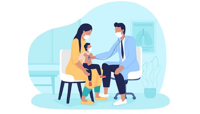 Illustration of a doctor holding a stethoscope to a childs chest